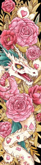 Free dragon bookmark featuring a white dragon in a rose bush